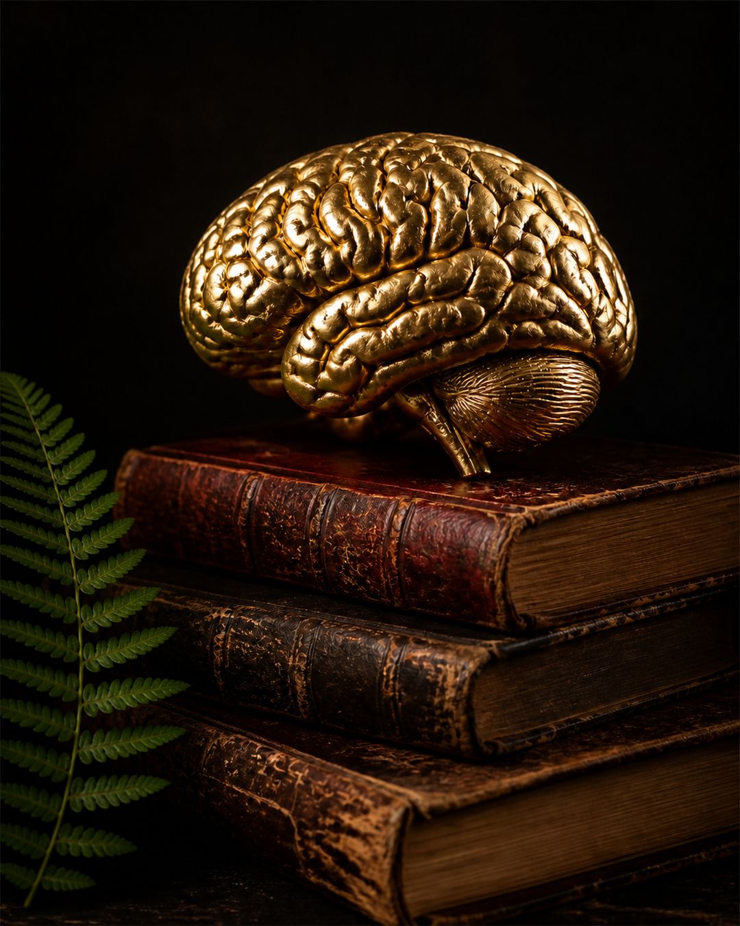 Cérebro anatômico dourado sobre livros antigos, em luz de estúdio