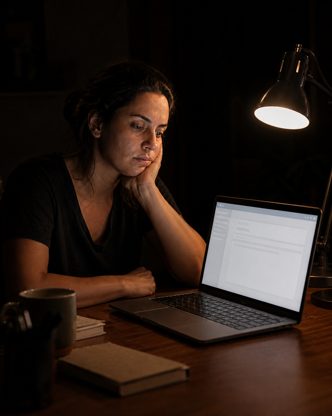 Mulher à noite diante do notebook com um e-mail em branco