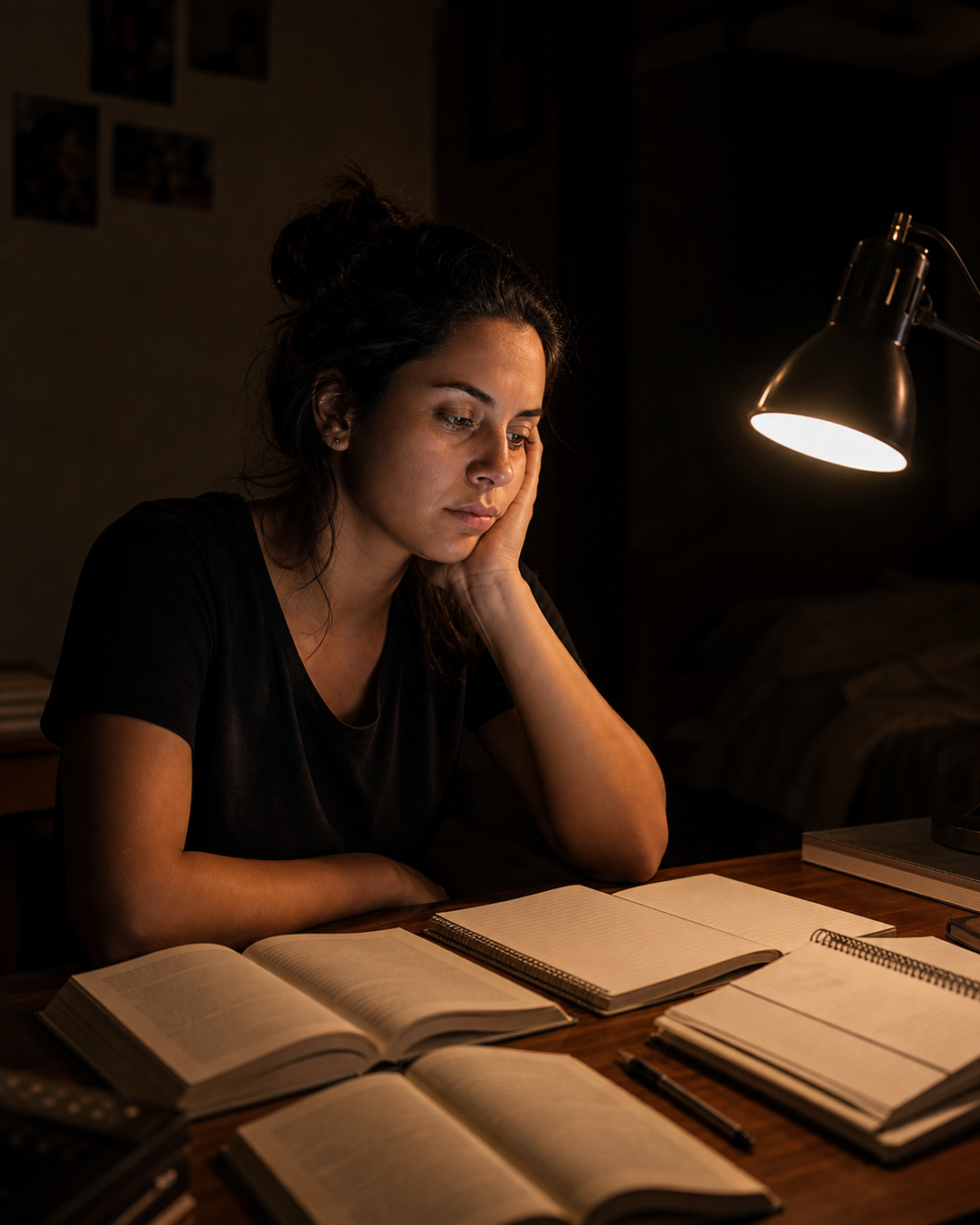 Jovem diante dos livros abertos, olhando pra longe, de madrugada