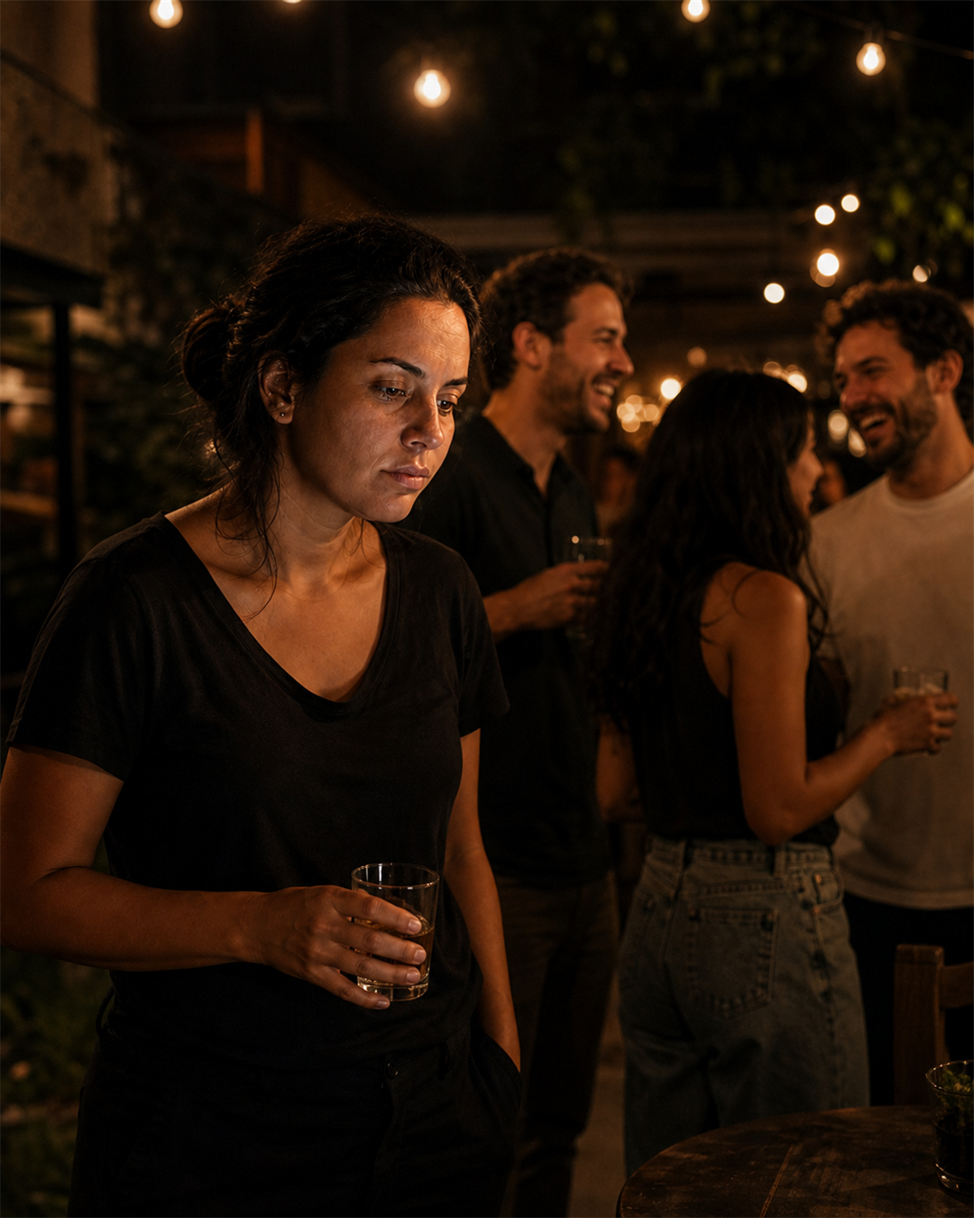 A mesma mulher à parte de uma roda de amigos que ri ao fundo