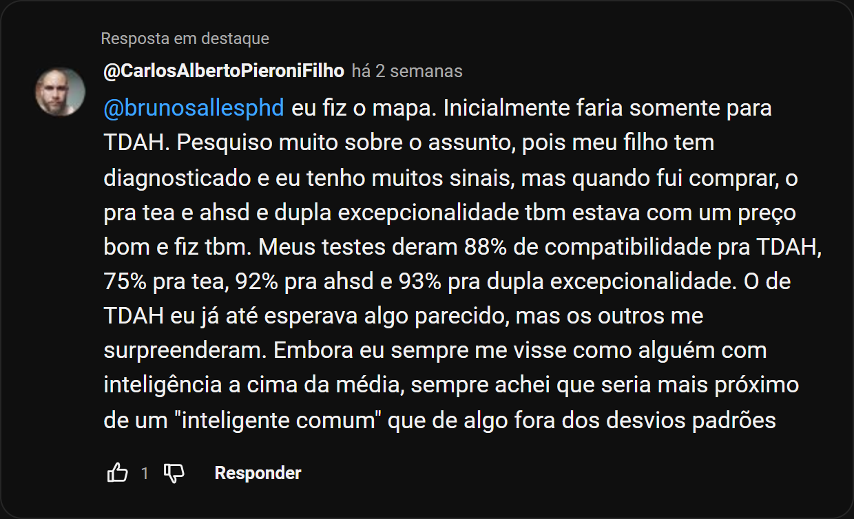 Resposta em destaque de @CarlosAlbertoPieroniFilho no YouTube, há 2 semanas: conta que faria só o teste de TDAH, acabou fazendo também os de TEA, altas habilidades e dupla excepcionalidade, e que os resultados dos outros testes o surpreenderam.