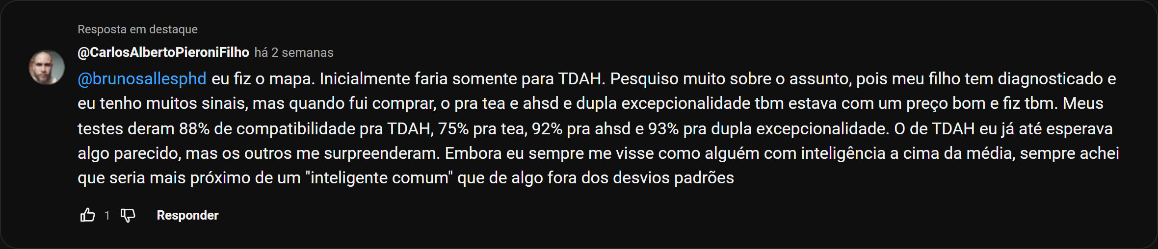 Comentário de @CarlosAlbertoPieroniFilho no YouTube sobre a descoberta de um perfil mais amplo por meio do MAPA-7P e do 2AS