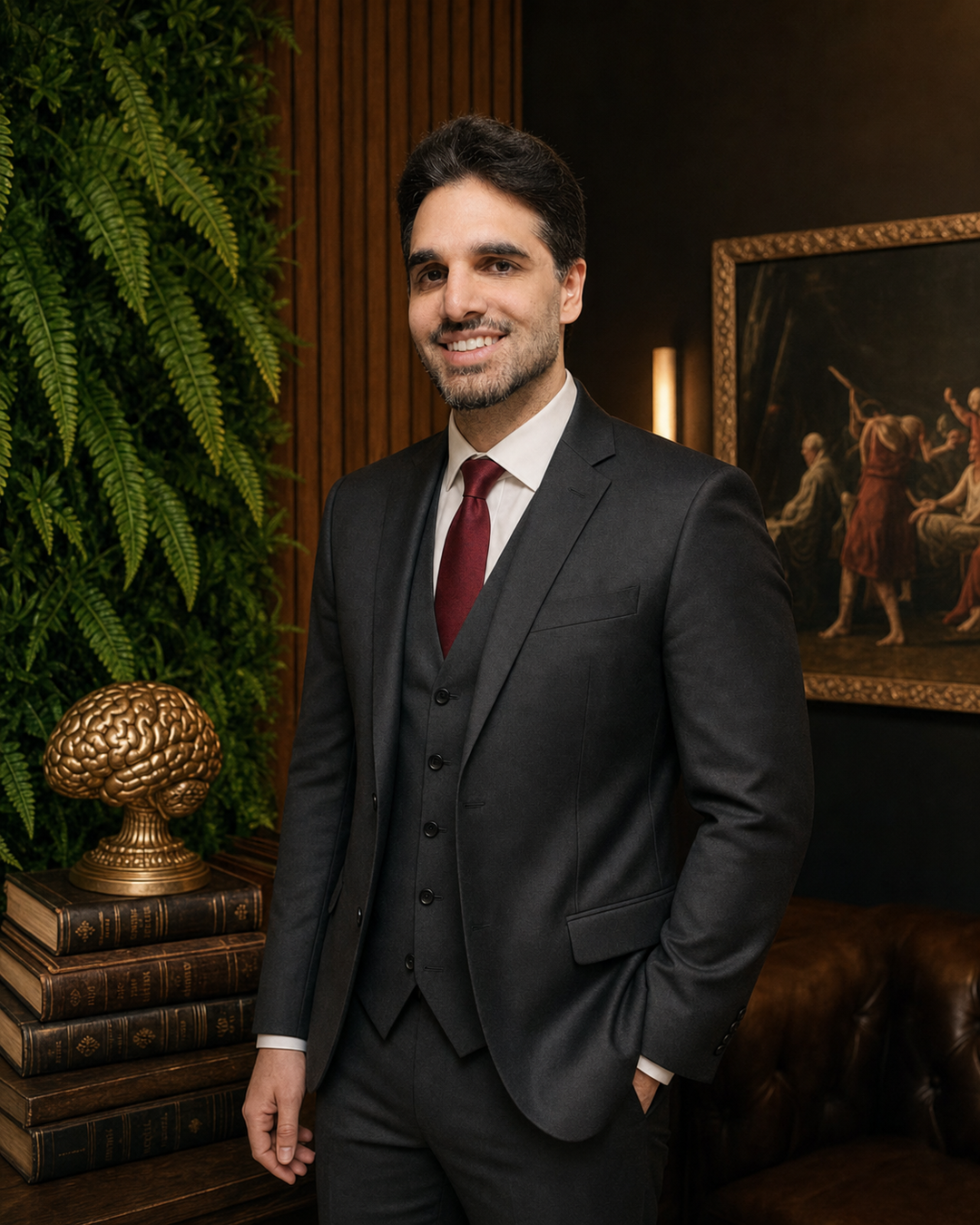 Dr. Bruno Salles em seu estúdio, de terno escuro e gravata vinho, ao lado do cérebro anatômico dourado