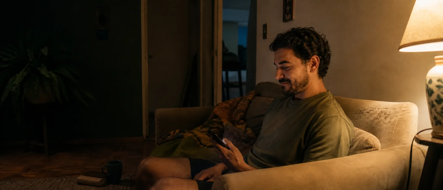 Homem adulto sentado de lado no sofá à noite, sob a luz quente de um abajur, lendo o celular com expressão tranquila