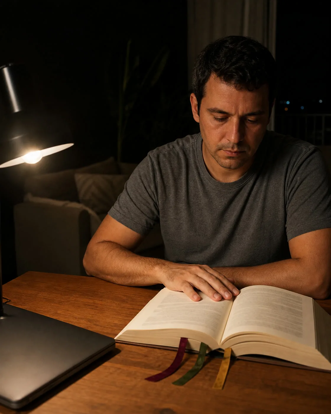 Homem de camiseta lendo à mesa da sala à noite, sob a luz de um abajur, com o notebook fechado ao lado e um volume grosso aberto nas páginas do meio, com três fitas marcadoras saindo de dentro dele