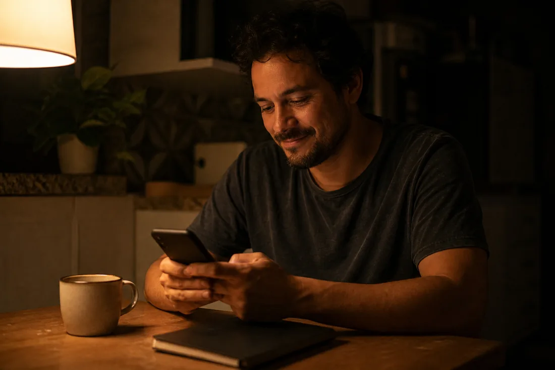 Adulto sozinho à mesa da cozinha, à noite, escrevendo no celular sob a luz de um abajur
