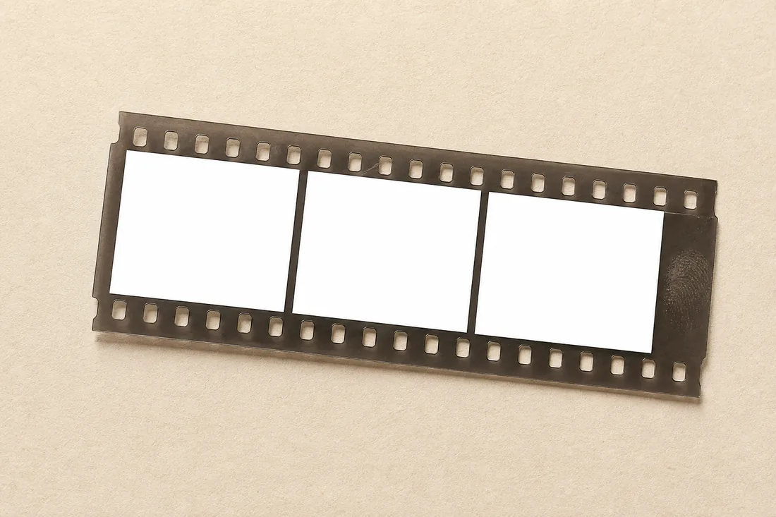 Tira de filme com três quadros, apoiada sobre papel