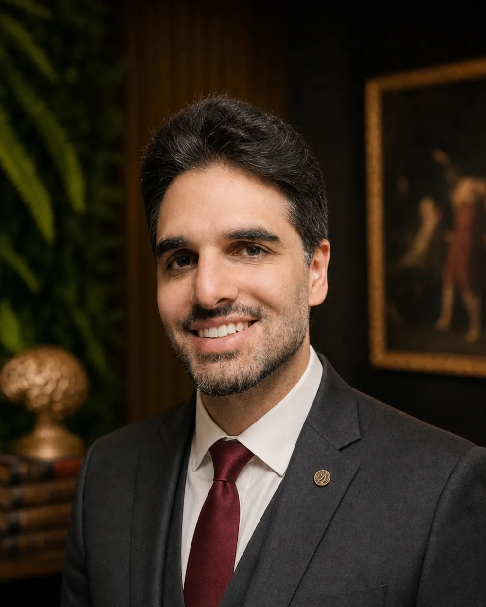 Dr. Bruno Salles, psicólogo e neurocientista, de terno escuro e gravata vinho, olhando para a câmera em seu estúdio