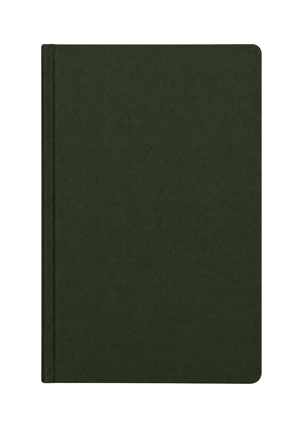 Caderno de capa dura verde musgo, fechado, fotografado de cima