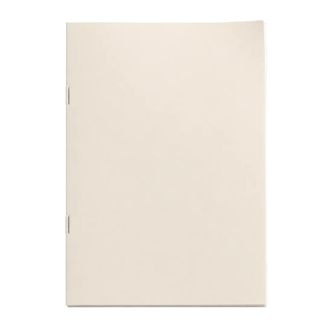 Caderno fino grampeado, de capa clara, fotografado de cima
